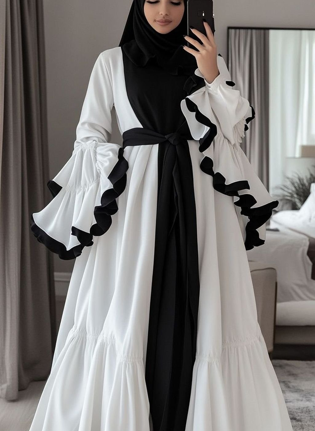 Elegant Modest White & Black Abaya Product 6 - Image 1